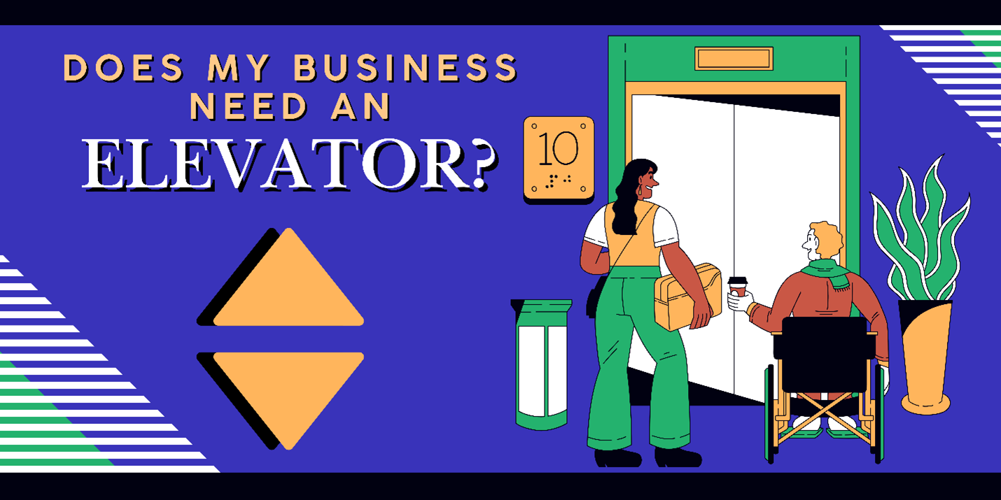 Does My Building Need an Elevator? Graphic illustration of two people waiting for an elevator. A sign shows the floor number 10 written in roman numerals and braille. One of the people uses a wheelchair and holds a cup of coffee.